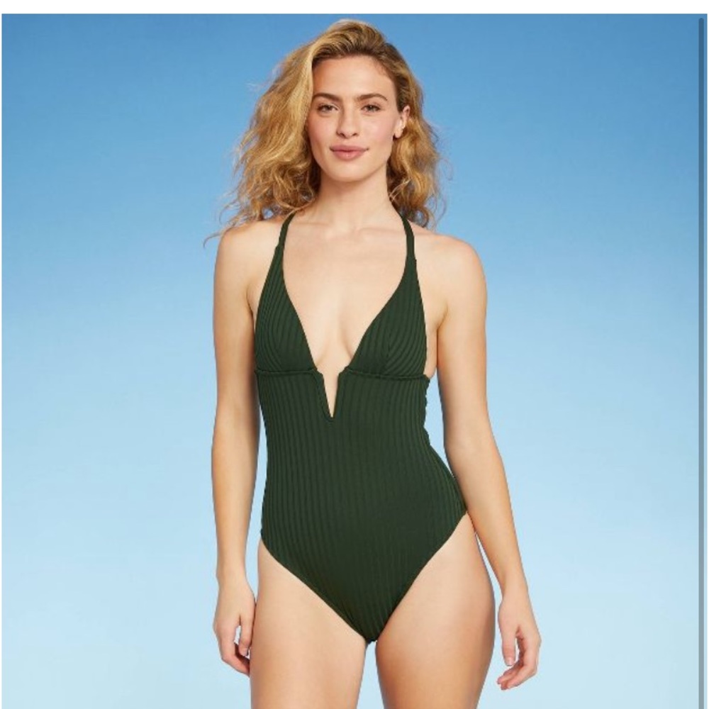 Women's Ribbed Plunge Front V-Wire Tall/Long Torso One Piece Swimsuit Dark Green